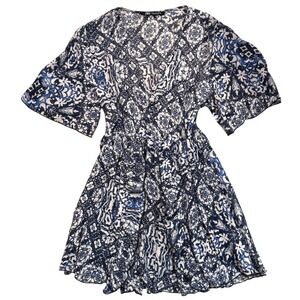 Zara Blue White Ruffle Front V Neck Mini Dress Womens M Spring Boho Flowy